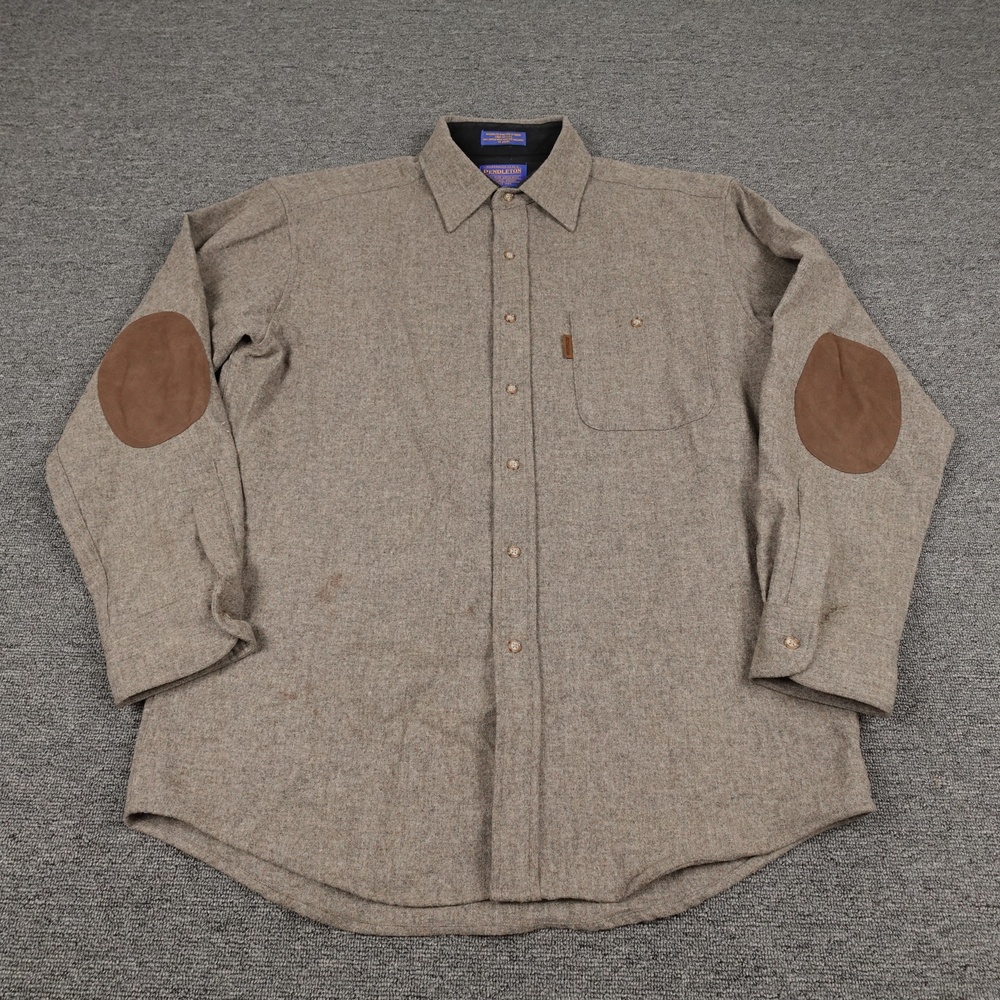 Pendleton Shirt Mens Large Brown Solid Wool Long Sleeve Button Up Elbow Patch